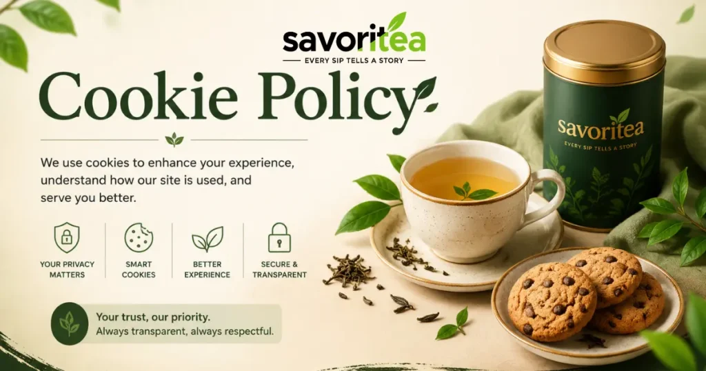 Savoritea Cookie Policy banner displaying a cup of tea, a green tea tin, chocolate chip cookies, and privacy trust icons emphasizing transparency and security.