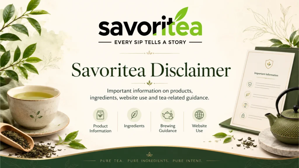 Savoritea Disclaimer banner showing a cup of green tea, loose tea leaves, a teapot, and compliance icons for product information, ingredients, brewing guidance, and website use.