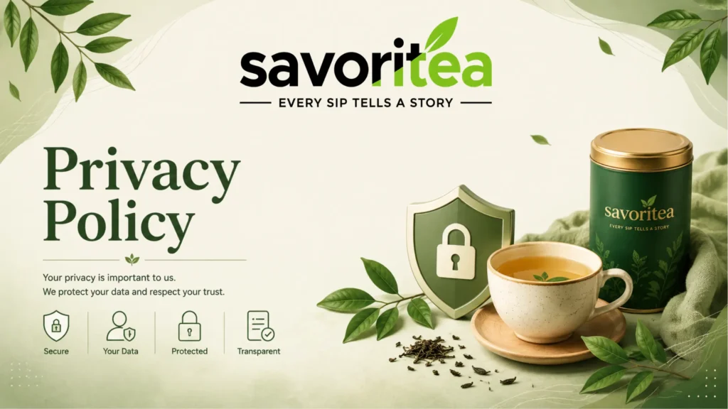 Savoritea Privacy Policy banner featuring a green tea tin, brewed teacup, and a secure data protection shield icon.