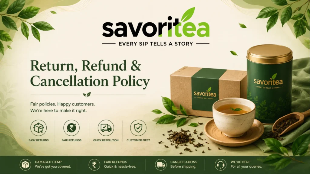 Savoritea Return, Refund & Cancellation Policy banner featuring a brand tea tin, cardboard shipping box, brewed teacup, and policy icons.