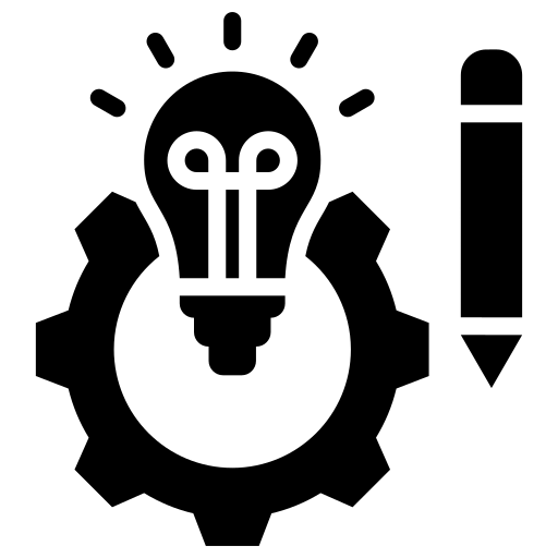 Icon showing a lightbulb, gear, and pencil, representing creative and bespoke corporate gifting solutions.