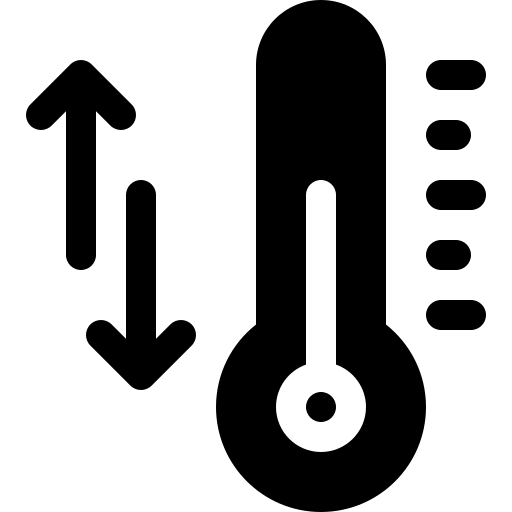 Solid black thermometer icon with up and down arrows representing the ideal water temperature for steeping tea.