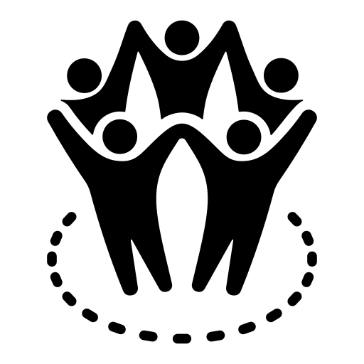 Solid black icon depicting a unified group of five figures holding hands in a circle to represent community strength and team collaboration.