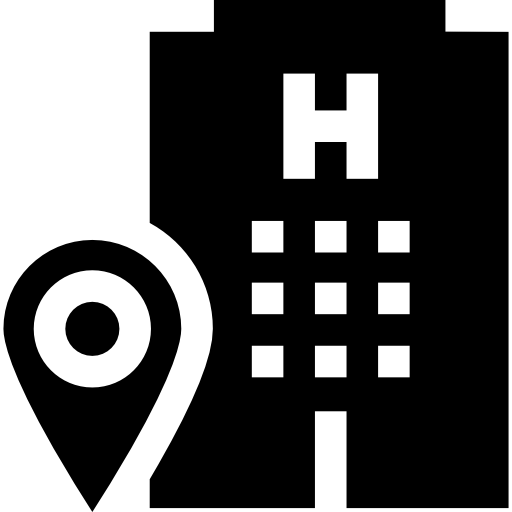 Solid black hotel building icon with a map location pin, representing corporate supply and hospitality partnerships.