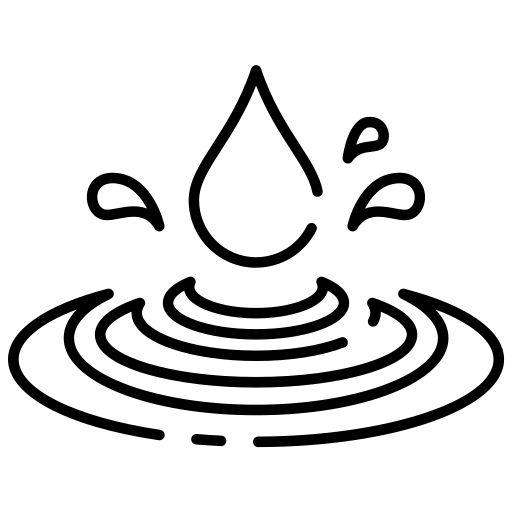 Line art icon of a water droplet splashing into circular ripples, representing a rich, smooth, or creamier tea texture.