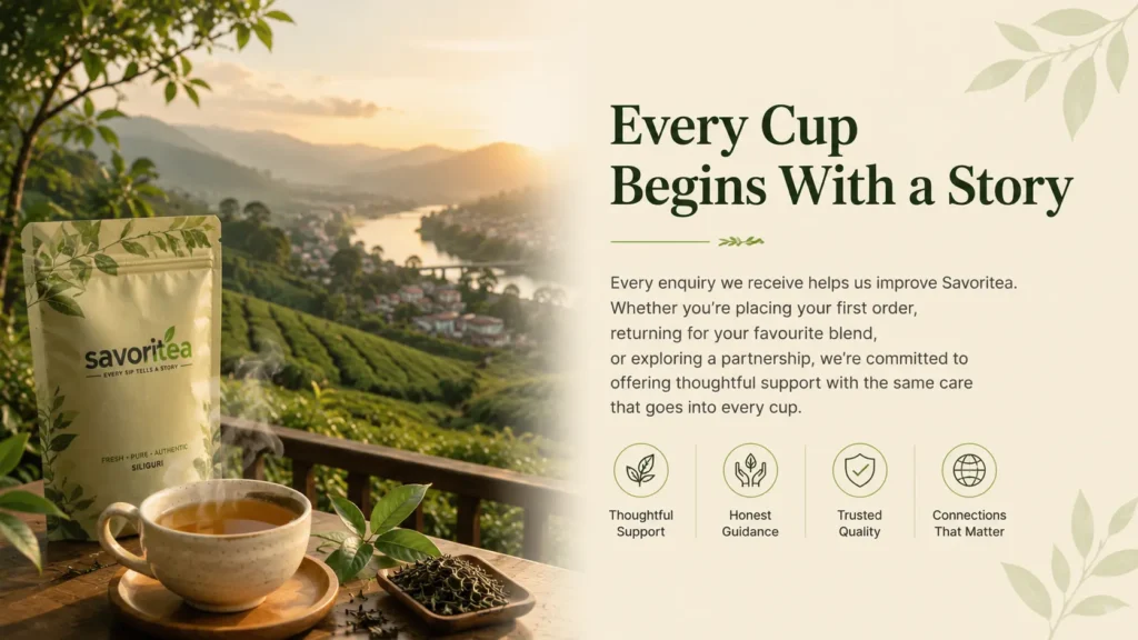 Savoritea brand banner showing a hot cup of tea, premium leaf pouch, and loose leaves on a wooden table with background view of rolling green tea hills at sunset.