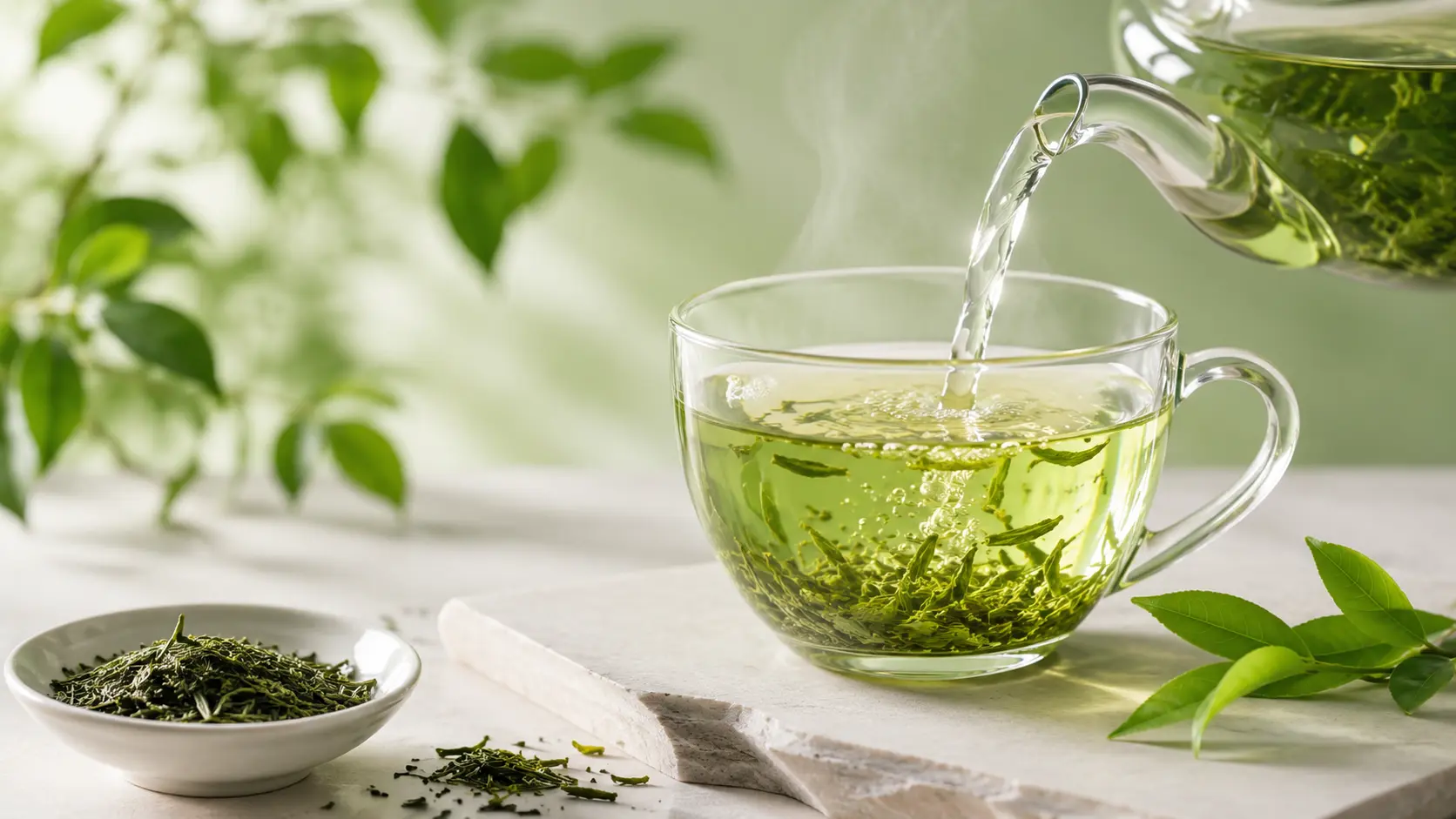 Light and clean green tea pouring from a glass teapot into a clear cup alongside loose tea leaves