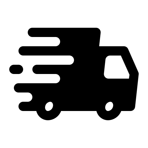 Solid black moving delivery van icon with speed lines, representing quick domestic tea shipping.