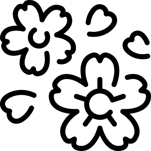 Line art icon of blossoming flowers and falling petals representing a aromatic, floral tea flavor profile.