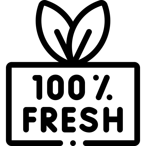 Line icon featuring a box with leaves and 100% fresh text, representing Savoritea's freshly packed-to-order tea delivery