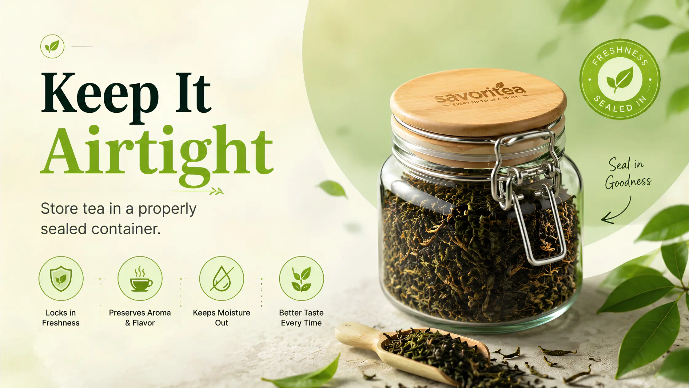 Savoritea preservation infographic highlighting the benefits of storing loose leaf tea in a properly sealed airtight glass container.