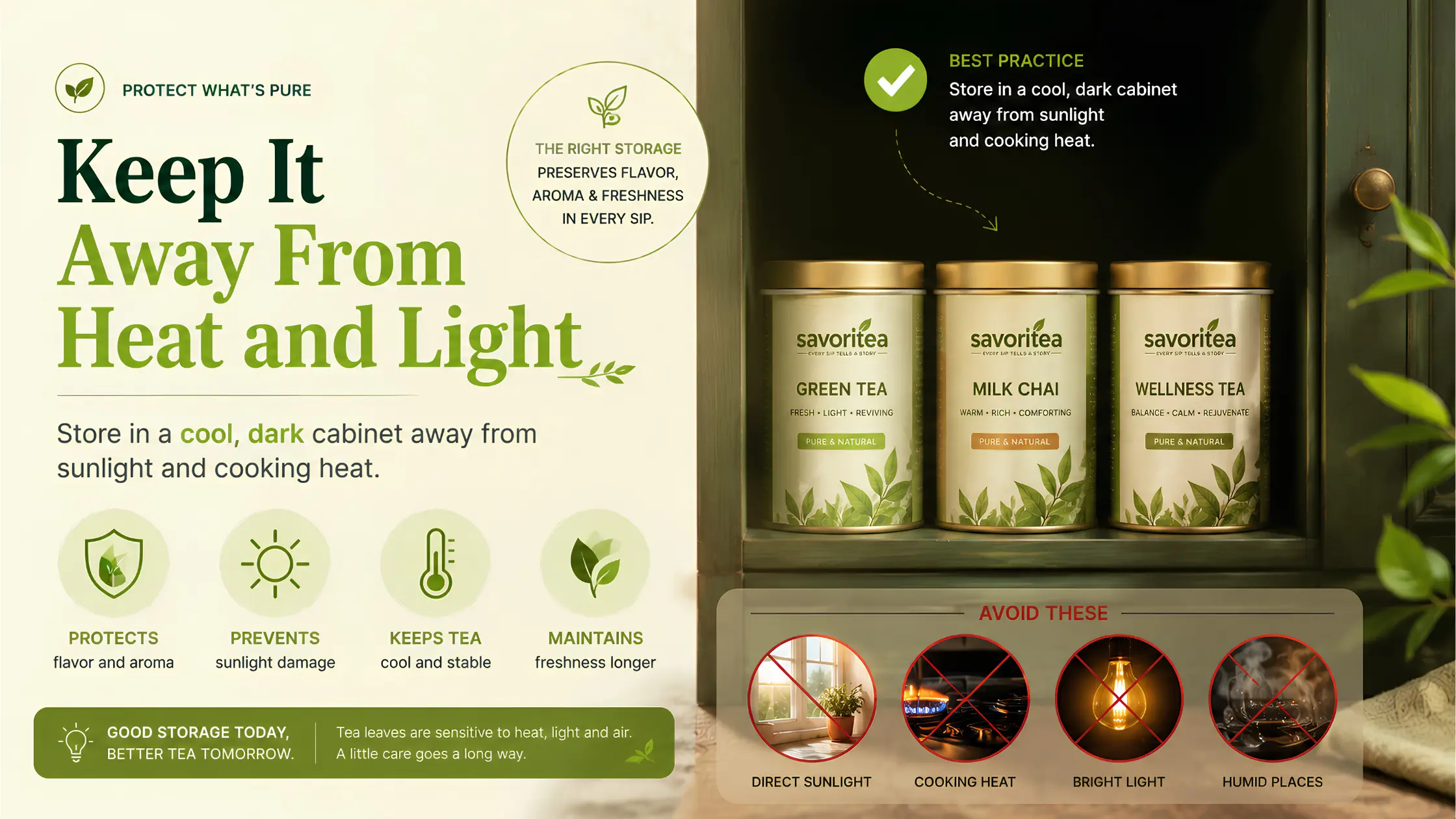 Savoritea storage infographic detailing best practices to keep tea away from heat and light, showing tins in a dark cabinet.