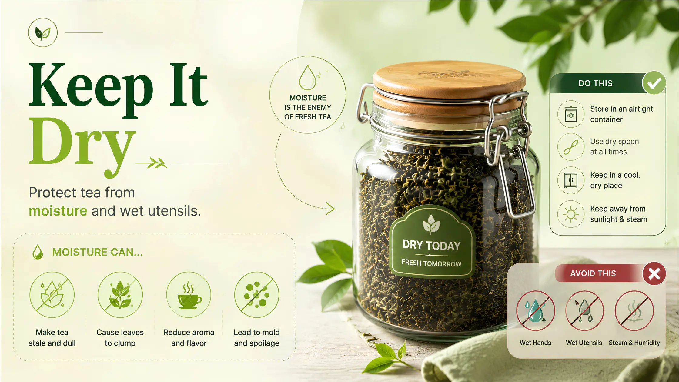 Savoritea guide infographic explaining how to keep tea dry and protect leaves from moisture, wet utensils, and steam.