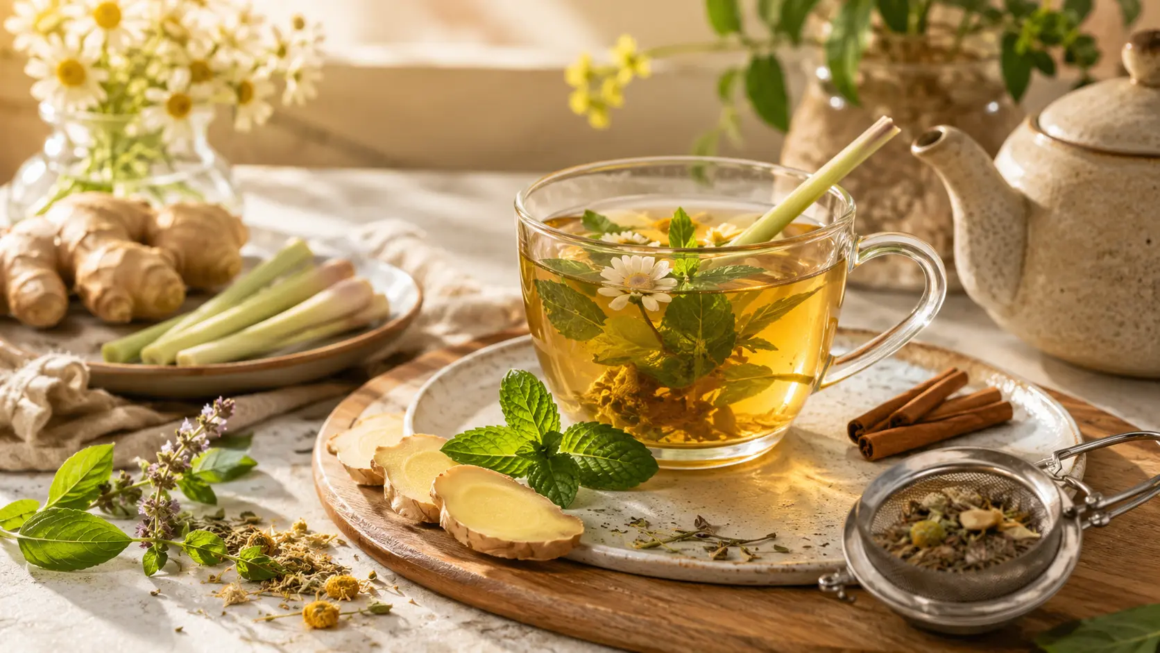 A cup of freshly steeped wellness tea surrounded by real ingredients including ginger slices, mint leaves, and lemongrass.