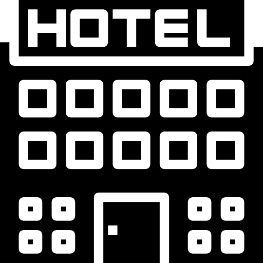 Solid black building outline icon with the word HOTEL on a top marquee sign.