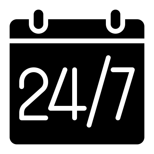 Solid black calendar icon reading twenty-four seven to represent continuous online tea ordering availability across India.
