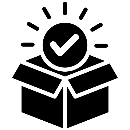 Solid black open cardboard box icon with a glowing checkmark circle floating above it, representing successful order confirmation.