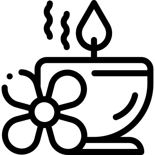 Line art icon of a steaming teacup decorated with a blooming flower, representing a soothing, premium, and aromatic tea break.