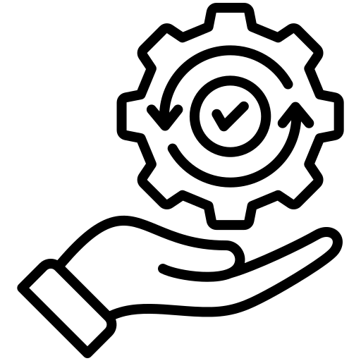 Line icon showing a hand supporting a gear with a checkmark, representing Savoritea's customer service and reliable order processing.