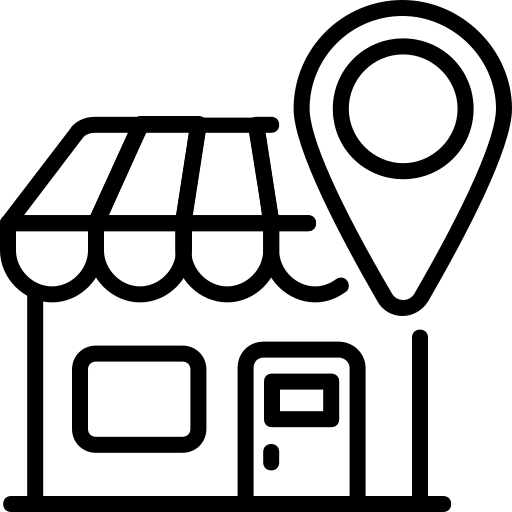 Outline icon of a physical shop with a map pin location mark, representing Savoritea's Siliguri roots.