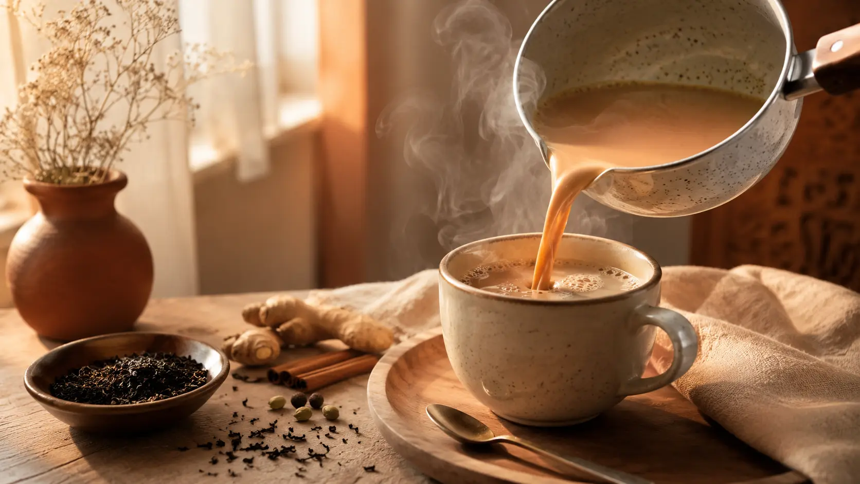 Poured cup of warm milk chai with fresh ginger and cinnamon sticks on a rustic wooden table.