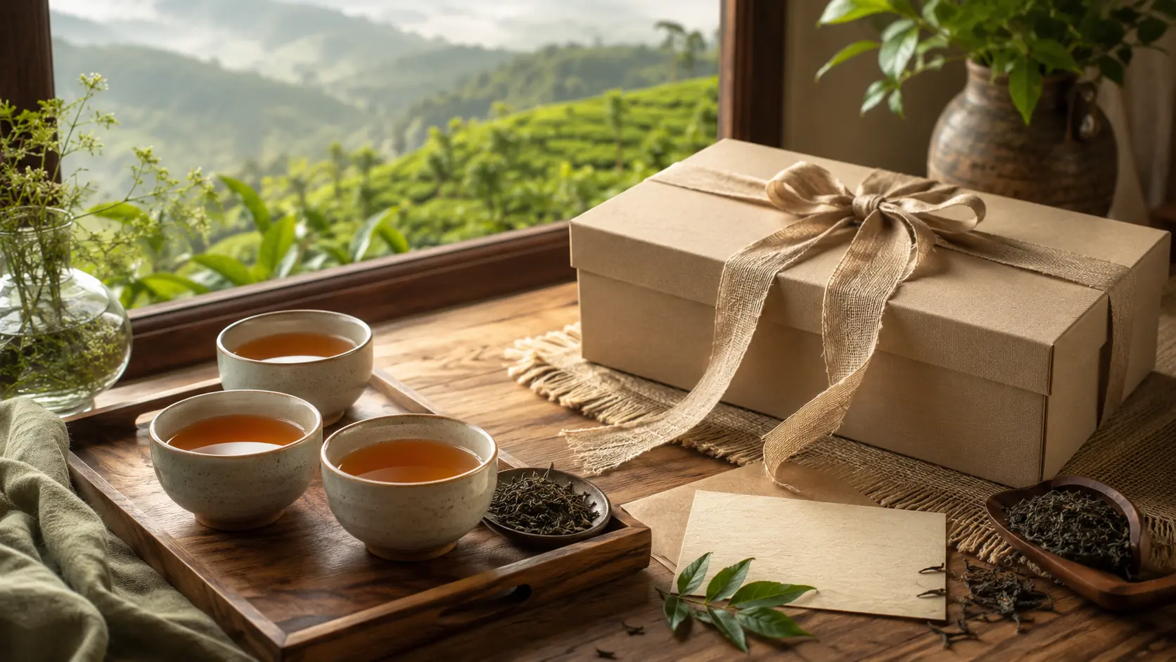 A Savoritea tea gift box tied with a rustic ribbon, accompanied by three cups of brewed tea, loose leaves, and a blank gift note against a North Bengal hill-town window backdrop.