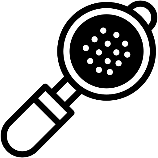 Solid black hand strainer icon representing the filtration step for serving loose leaf tea and milk chai.