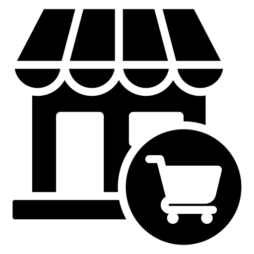 Solid black boutique shopfront icon with a shopping cart badge emblem overlay.